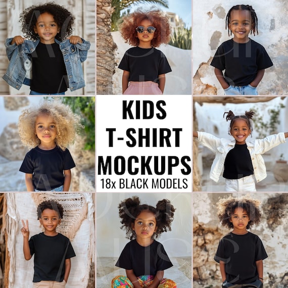 African American Black Tshirt Mockup Bundle Black Kids Shirt Mock Bella Canvas 3001Y Mockup 3001T Black Tee Mockup Black Model Gildan 5000B
