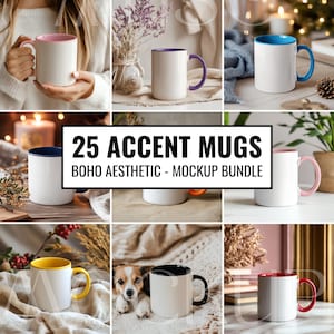 K&ouml;nnte beinhalten: Eine Sammlung wei&szlig;er Akzenttassen mit farbigen Innenr&auml;umen und Griffen. Die Tassen haben verschiedene Farben, darunter Rosa, Blau, Gelb und Rot. Der Text "25 ACCENT MUGS BOHO AESTHETIC - MOCKUP BUNDLE" wird in einem schwarzen Rechteck angezeigt.