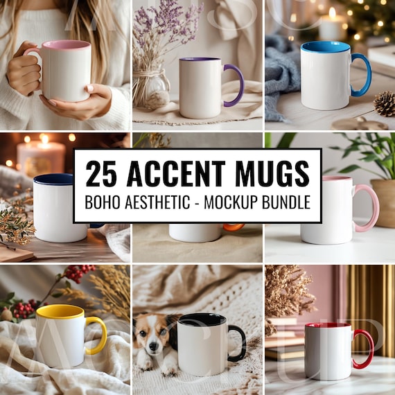 25 Accent Mug Mockup Boho Cup Mockup Aesthetic Accent Coffee Mug Mockup Bundle Yellow Pink Purple Blue Black Navy Orange Red 11oz Mockup