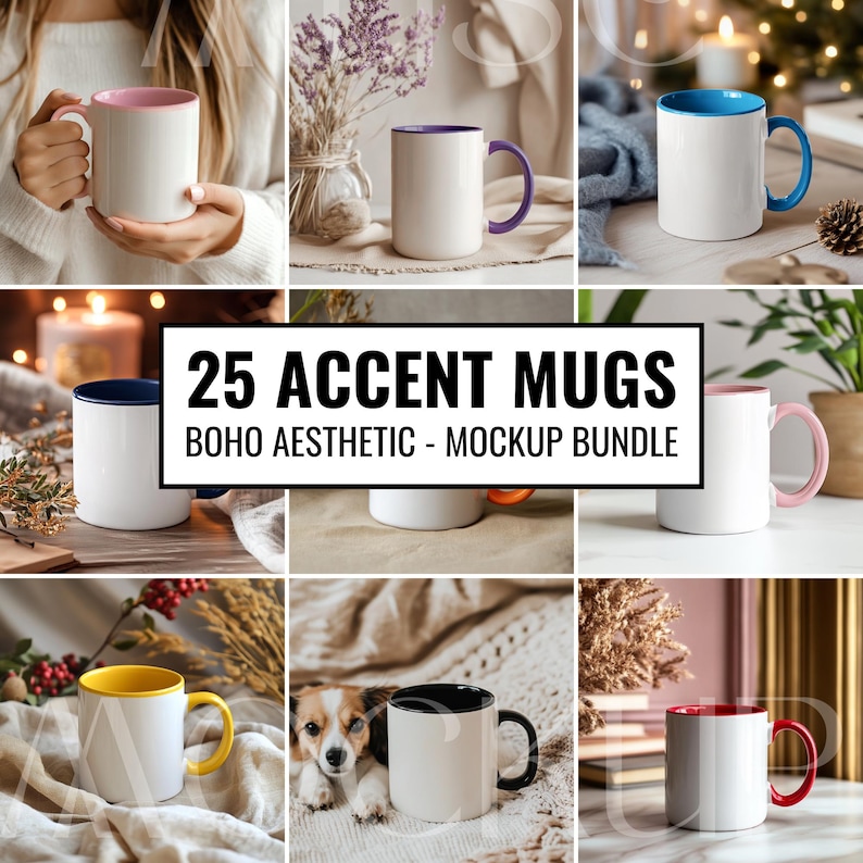K&ouml;nnte beinhalten: Eine Sammlung wei&szlig;er Akzenttassen mit farbigen Innenr&auml;umen und Griffen. Die Tassen haben verschiedene Farben, darunter Rosa, Blau, Gelb und Rot. Der Text "25 ACCENT MUGS BOHO AESTHETIC - MOCKUP BUNDLE" wird in einem schwarzen Rechteck angezeigt.