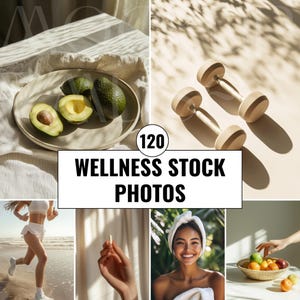 Op de afbeelding: Een verzameling van 120 wellness stockfoto's. De foto's bevatten afbeeldingen van avocado's, dumbbells, een vrouw die op een strand rent, een vrouw met een handdoek om haar hoofd en een kom met fruit.