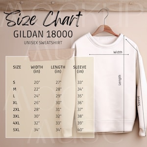 Gildan 18000 Größentabelle Gildan Sweater Mockup Gildan Größentabelle Unisex Sweatshirt Einfache Ästhetische Größentabelle Flat Lay Gildan 18000 Basic