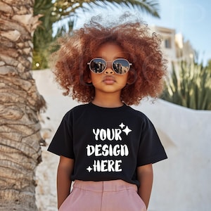 Maqueta de camiseta negra para niños, maqueta de camiseta bohemia, paquete de maqueta de camiseta negra para niña, paquete de maqueta para niño Bella Canvas Youth 3001Y 3001T Afroamericano