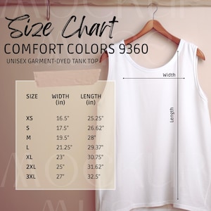 Comfort Colors 9360 Size Chart Mockup CC9360 Sizechart Tank Simple Aesthetic Size Guide Unisex Garment-Dyed Tank Top Flat Lay 2000 Gildan