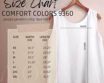 Comfort Colors 9360 Size Chart Mockup CC9360 Sizechart Tank Simple Aesthetic Size Guide Unisex Garment-Dyed Tank Top Flat Lay 2000 Gildan