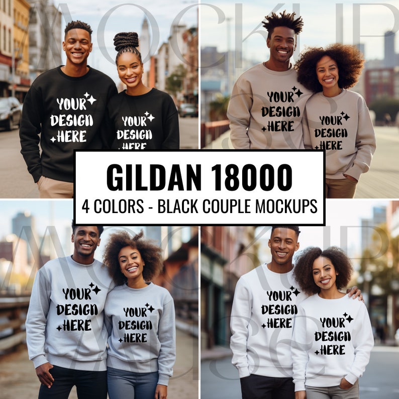 Op de afbeelding: Een stel draagt ​​passende zwarte en witte sweatshirts met de tekst "YOUR DESIGN +HERE" op de voorkant. De sweatshirts zijn van het type Gildan 18000.