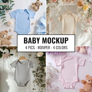 May include: Four baby rompers in different colors: light blue, beige, gray, and pink. The rompers are laid flat on a white background with flowers and a teddy bear.