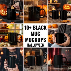 Può includere: 10+ Mockup di tazze nere Halloween. Una collezione di tazze nere in diverse ambientazioni a tema Halloween. Le tazze sono vuote e pronte per essere personalizzate.