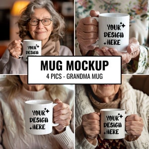 May include: A white ceramic mug with a black design that says "YOUR DESIGN +HERE". The mug is held by a person's hands. The mug is a mockup for a custom design.