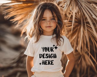 Dziecięca biała koszulka z nadrukiem Boho, zestaw z nadrukiem Biała koszulka dla dziewczynki, zestaw z nadrukiem dla malucha, zestaw dla dzieci Bella Canvas Youth 3001Y Gildan 5000B, śliczna dziewczyna