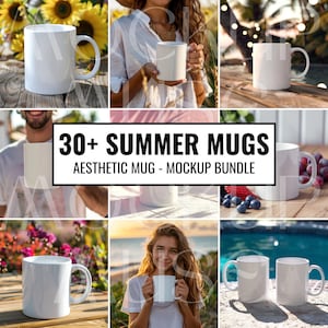 Más de 30 maquetas de tazas de verano Paquete de maquetas de sol Paquete de tazas de cerámica Primavera Verano Taza de café Maqueta 11oz Taza blanca Maqueta simple Estilo de vida estético