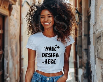 Maquette de tshirt blanc afro-américain Gildan 5000B fille noire chemise maquette Tshirt femme maquette t-shirt bébé femme noire Boho maquette chemise des années 90