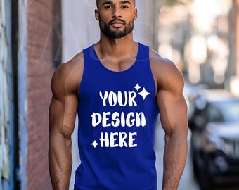 Bella Canvas 3480 tanktopmodel True Royal Bella Canvas 3480 mockup mannelijk shirt unisex jersey True Royal tankmodel streetstyle zwart model