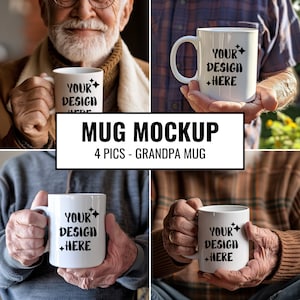 May include: Four images of a white ceramic mug with a black design that says "YOUR DESIGN +HERE". The mug is held by a person's hands in each image.