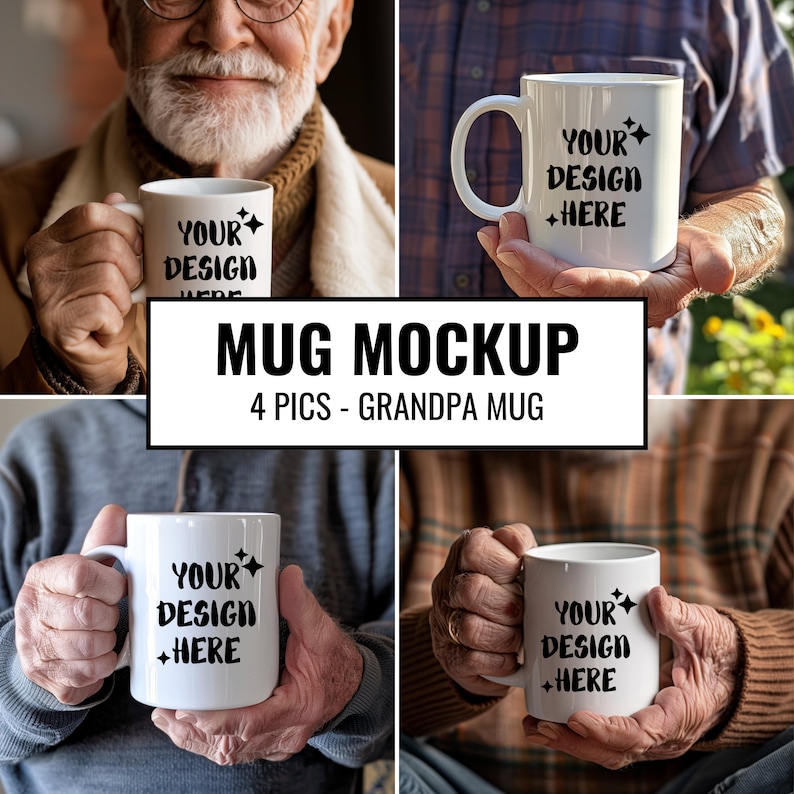 May include: Four images of a white ceramic mug with a black design that says "YOUR DESIGN +HERE". The mug is held by a person's hands in each image.