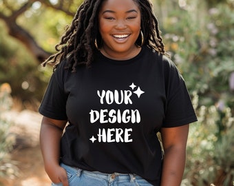 May include: A black t-shirt with the text "YOUR DESIGN HERE" in white lettering. The shirt is being worn by a person with long dreadlocks.