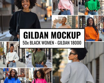 50 Afro-Amerikaanse trui mockup bundel Gildan 18000 zwarte vrouw sweatshirt Gildan mockup zwart model shirt mockup bundel Afro meisje