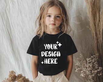 Kids Black Tshirt Mockup Boho Shirt Mockup Bundle Black Tee Girl Toddler Mockup Child Bundle Bella Canvas Youth 3001Y 3001T Cute Girl Mockup