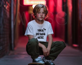 Dziecięca biała koszulka z nadrukiem Boho koszula z nadrukiem Pakiet Biała koszulka dla chłopców Skater z nadrukiem Pakiet dziecięcy Bella Canvas Youth 3001Y Gildan 5000B Cute Boy