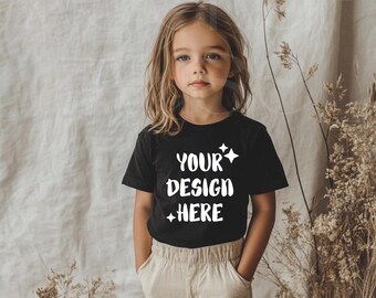 Kids Black Tshirt Mockup Boho Shirt Mockup Bundle Black Tee Girl Toddler Mockup Child Bundle Bella Canvas Youth 3001Y 3001T Cute Girl Mockup