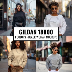 Puede incluir: Cuatro maquetas de color de una sudadera Gildan 18000. Las maquetas presentan a una mujer negra usando la sudadera en negro, blanco, beige y gris.