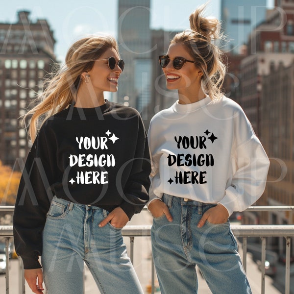 Gildan 18000 Sweatshirt Mockup White Sweater Mockup Boho Sister Mockup Black Sweater Mockup Duo Lifestyle Mockup Girls Oversized Mockup Fun