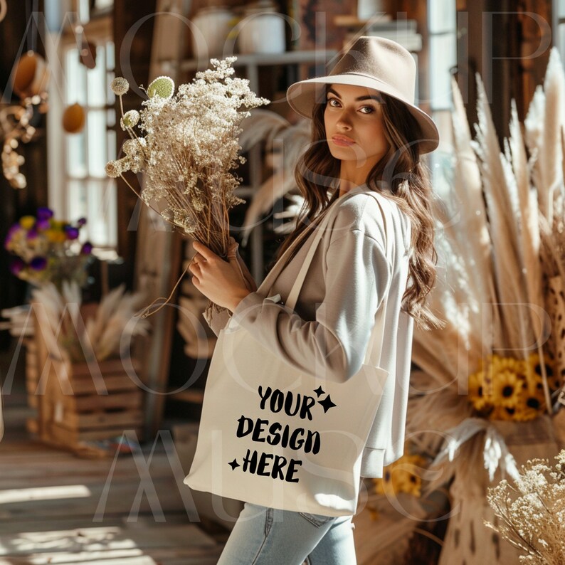 Op de afbeelding: Een vrouw met een bruine hoed en een lichtgrijze trui houdt een witte tote bag vast met de tekst "YOUR DESIGN HERE" in zwart gedrukt. De tas heeft zwarte banden en is gemaakt van canvas.