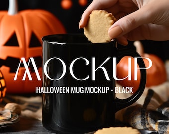 Schwarze Becher Mockup Halloween Kaffeetasse Mockup Schwarze Keramiktasse Gruselige Herbst Becher Mockups Kaffeetasse Mockup Gemütlicher Lifestyle Mockup