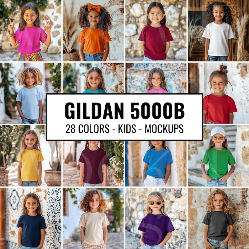 May include: A collection of kids wearing different colored Gildan 5000B t-shirts. The t-shirts are available in 28 colors. The image shows mockups of the t-shirts on kids in various poses.