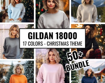 Gildan 18000 Sweatshirt Mockup Bundle Christmas Sweater Mockup Muse Woman Wearing Oversized Shirt Female Model Crewneck POD Holiday Bundle