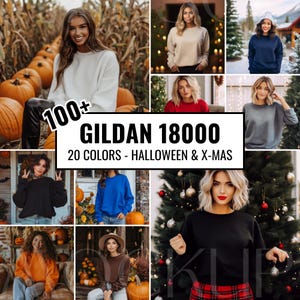Könnte beinhalten: Eine Collage aus Bildern mit über 100 Gildan 18000 Sweatshirts in 20 Farben. Die Sweatshirts werden an Models in verschiedenen Posen und Umgebungen gezeigt, darunter ein Kürbisfeld, ein Weihnachtsbaum und ein Wald. Der Text "100+ Gildan 18000 20 Farben - Halloween & Weihnachten" ist auf dem Bild zu sehen.