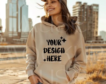 Gildan 18500 Mockup Sand Hooded Sweatshirt Mockup Boho Shirt Gildan Hoodie Mockup Sand Mockup Gildan 18500 Hoodie Sand Lifestyle Mockup