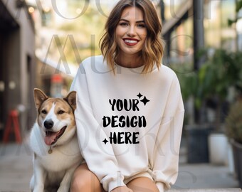 Gildan 18000 Sweatshirt Mockup Dog Sweater Doglover Mockup Gildan MockUp Gildan Mockup Dog Mom Gildan 18000 White Sweater Girl With Dog