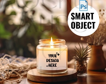 Soy Candle Mockup PSD Smart Object Boho Candle 9oz Lifestyle Mockup Scented Candle Smart Object Candle Mockup White Candle Label Mockup POD