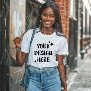 African American White Tshirt Mockup Bella Canvas 3001 Black Girl Shirt Mockup Female Tshirt Mock White Tee Black Woman Boho Mockup Urban