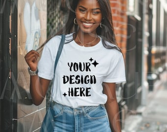 African American White Tshirt Mockup Bella Canvas 3001 Black Girl Shirt Mockup Female Tshirt Mock White Tee Black Woman Boho Mockup Urban