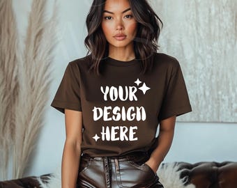 Bella Canvas Tshirt Mockup Boho Shirt Mockup Brown Tee Girl Lifestyle Mockup Bella Canvas 3001 Boho Brown T-Shirt Mockup Brown Tshirt