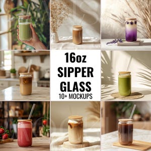 May include: 16oz Sipper Glass Mockups. A set of 10+ mockups featuring a clear glass with a bamboo lid and a straw. The glass is filled with various beverages, including coffee, iced tea, and smoothies.