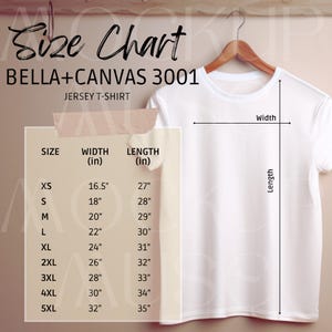 Tabla de tallas de Bella Canvas 3001 Maqueta 3001 Tabla de tallas de Bella Camiseta unisex Tabla de tallas estética simple Camiseta de jersey Camisa de lona plana 3001 B+C