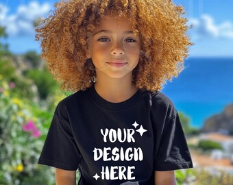 Kids Black Tshirt Mockup Boho Shirt Mockup Afro American Girl Black Shirt Mockup Child Bundle Bella Canvas Youth 3001Y 3001T Black Kid Model