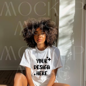 African American White Tshirt Mockup Bella Canvas 3001 Black Girl Shirt Mockup Female Tshirt Afro Model White Tee Mockup Boho Lifestyle