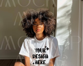 African American White Tshirt Mockup Bella Canvas 3001 Black Girl Shirt Mockup Female Tshirt Afro Model White Tee Mockup Boho Lifestyle
