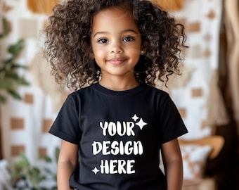 Kids Black Tshirt Mockup Boho Shirt Mockup Bundle Black Tee Girl Toddler Mockup Child Bundle Bella Canvas Youth 3001Y 3001T African American