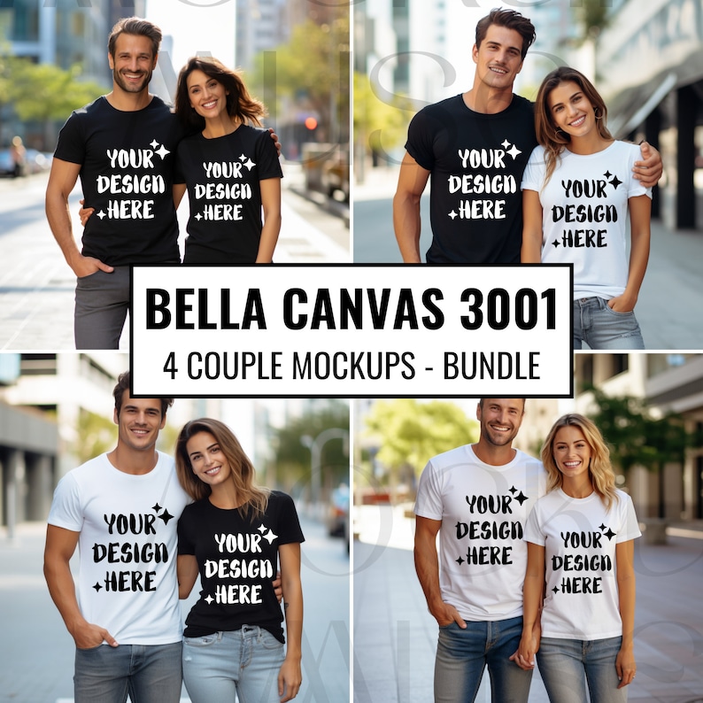 May include: Four couples wearing black and white t-shirts with the text "YOUR DESIGN +HERE" printed on them. The couples are standing in an urban setting.