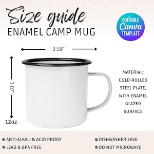 Tabla de tallas de tazas de campamento esmaltadas Plantilla Canva Guía de tallas de tazas blancas Características de la taza esmaltada Maqueta de taza Printify Maqueta de taza de campamento blanca de 12 oz Boho
