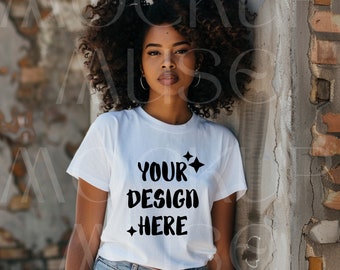 African American White Tshirt Mockup Bella Canvas 3001 Black Model Girl Shirt Mockup Female Tshirt Afro White Tee Mockup Boho Lifestyle