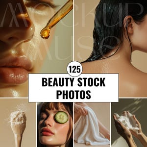 Può includere: Una collezione di 125 foto stock di bellezza che mostrano immagini ravvicinate del viso, dei capelli e delle mani di una donna. Le foto mostrano vari prodotti e trattamenti di bellezza, tra cui un flacone contagocce di siero, una fetta di cetriolo su un occhio, un asciugamano bianco e una mano con schiuma di sapone.