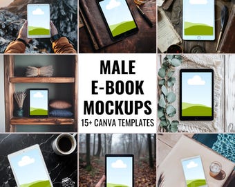 Puede incluir: Un collage de nueve imágenes que muestran diferentes maquetas de una tableta con una pantalla en blanco. La tableta se muestra en varios entornos, incluyendo una cima de montaña, una estantería, una mesa de madera, un bosque y junto a una piscina. El texto "MALE E-BOOK MOCKUPS 15+ CANVA TEMPLATES" se muestra en el centro del collage.