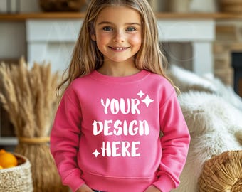 Kids Safety Pink Sweater Mockup Sweat Little Girl Toddler Mockup Child Gildan 18000B Mockup Girl Pink Sweatshirt Mockup Childrens Crewneck