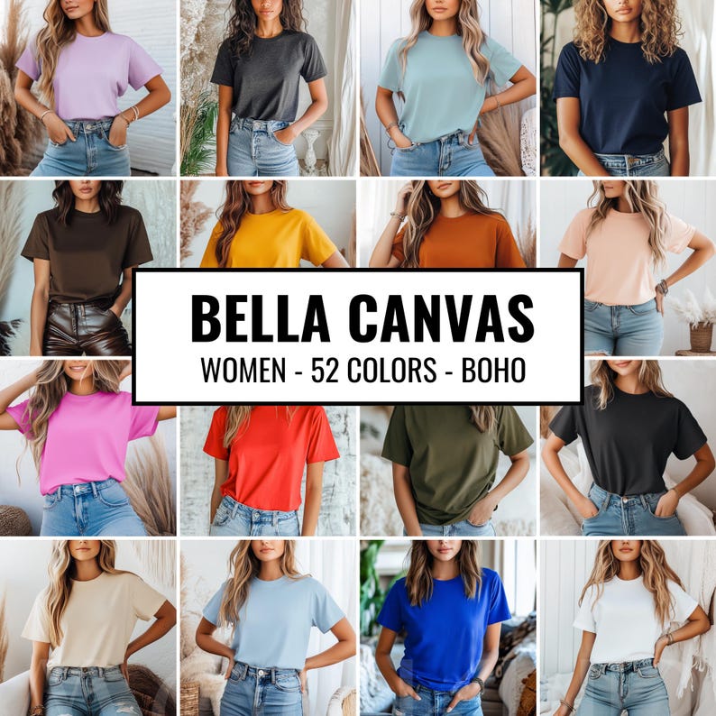 Puede incluir: Un collage de 12 mujeres con camisetas Bella Canvas de diferentes colores. El texto "Bella Canvas" est&aacute; en el centro de la imagen, con el texto "Women - 52 Colors - Boho" debajo.